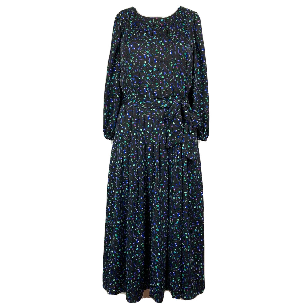 DKNY Dress Womens Sz 4 Black Floral Silk Pleated Belted‎ Balloon Sleeve Midi